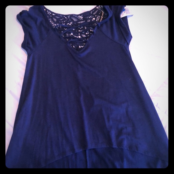 Navy fixed lace up flowy top - Picture 1 of 5